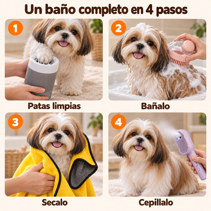 Kit Baño para Perros Chicos – Lavapatas, 2 Cepillos y Toalla