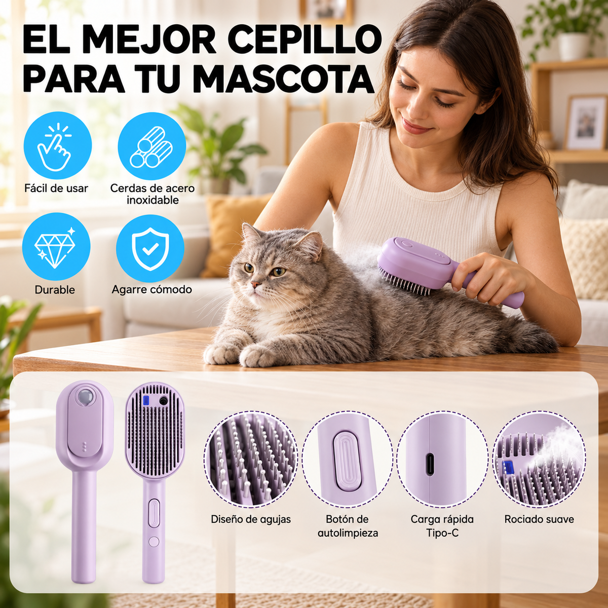 Cepillo con Bruma 3 en 1 para Perros y Gatos – Mango Largo