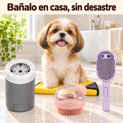 Kit Baño para Perros Chicos – Lavapatas, 2 Cepillos y Toalla