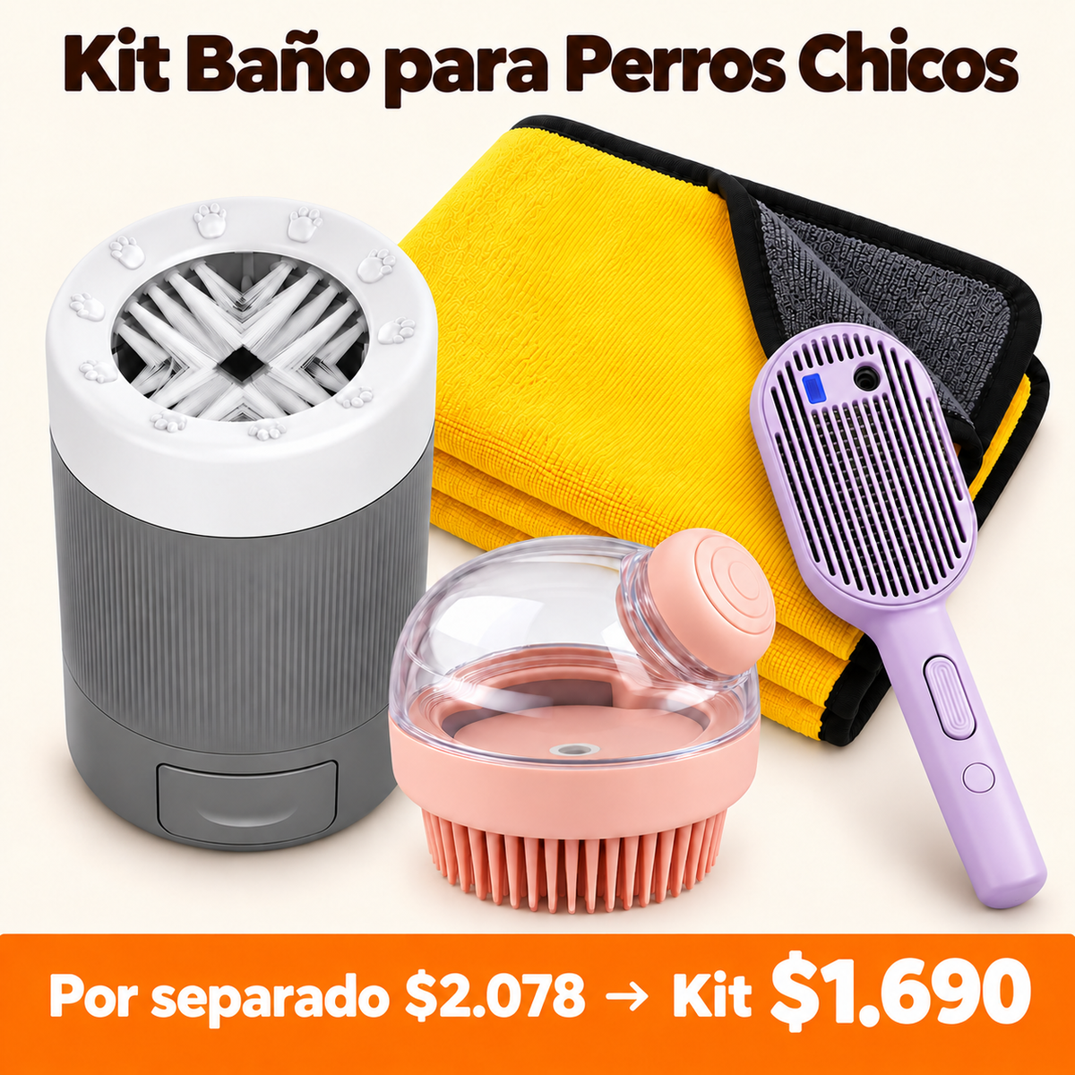 Kit Baño para Perros Chicos – Lavapatas, 2 Cepillos y Toalla