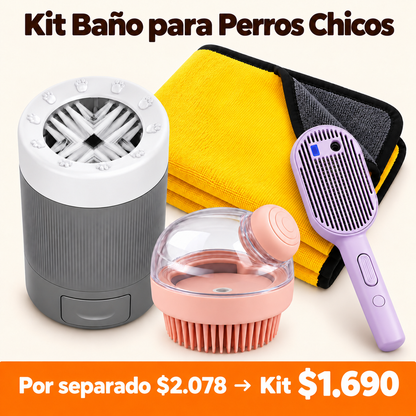 Kit Baño para Perros Chicos – Lavapatas, 2 Cepillos y Toalla