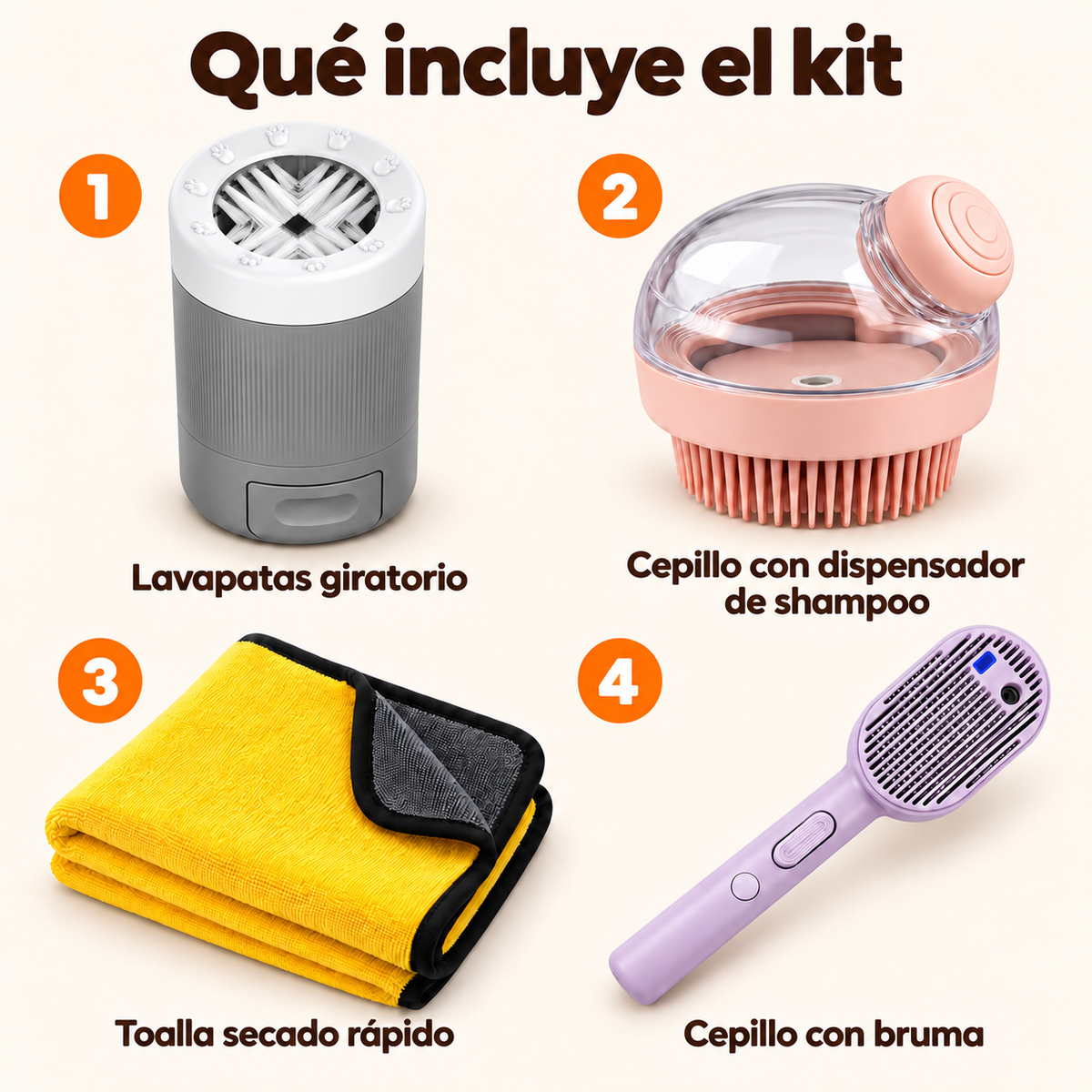 Kit Baño para Perros Chicos – Lavapatas, 2 Cepillos y Toalla